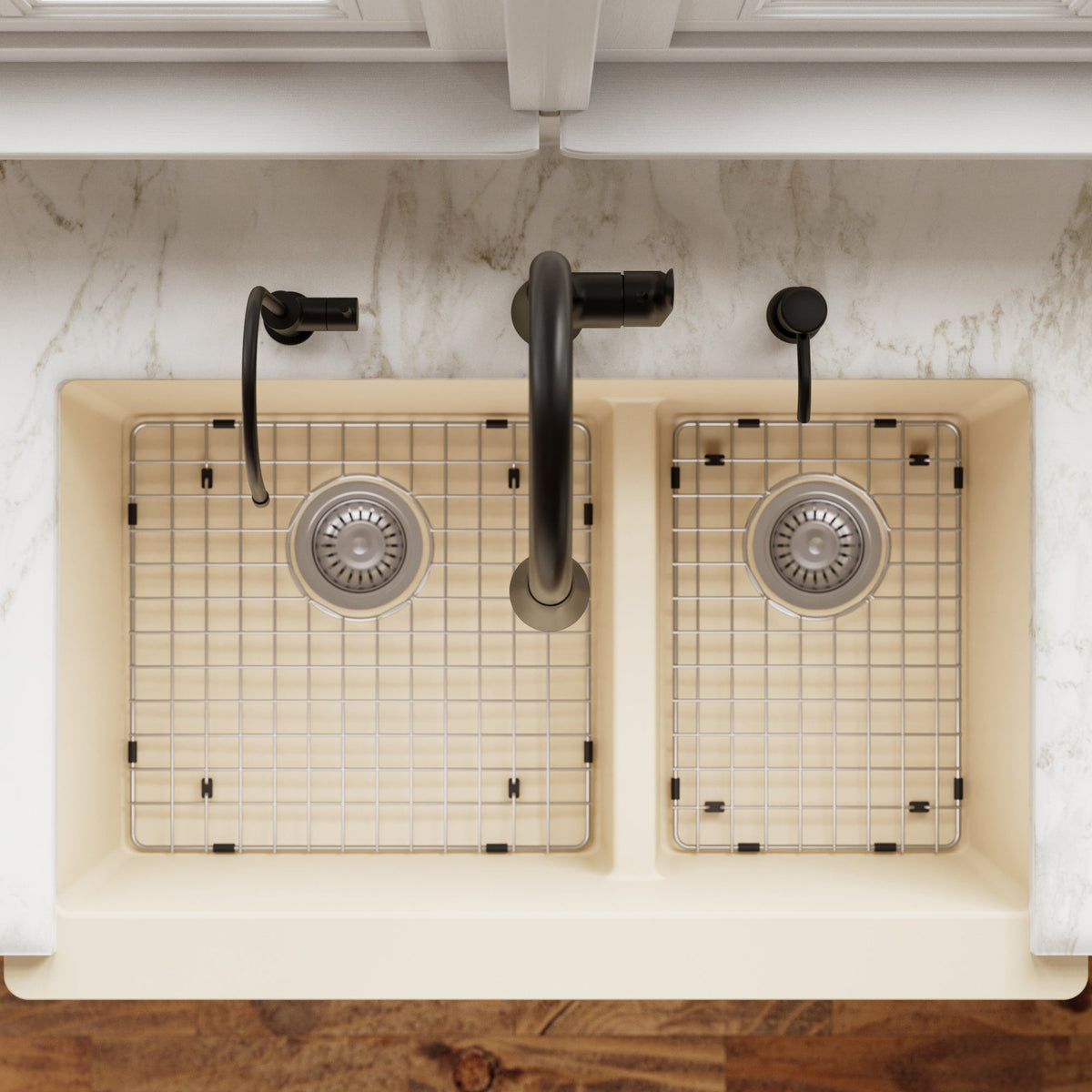 34" Retrofit Farmhouse Double Offset Bowl Quartz Composite Kitchen Sink Kit In Bisque