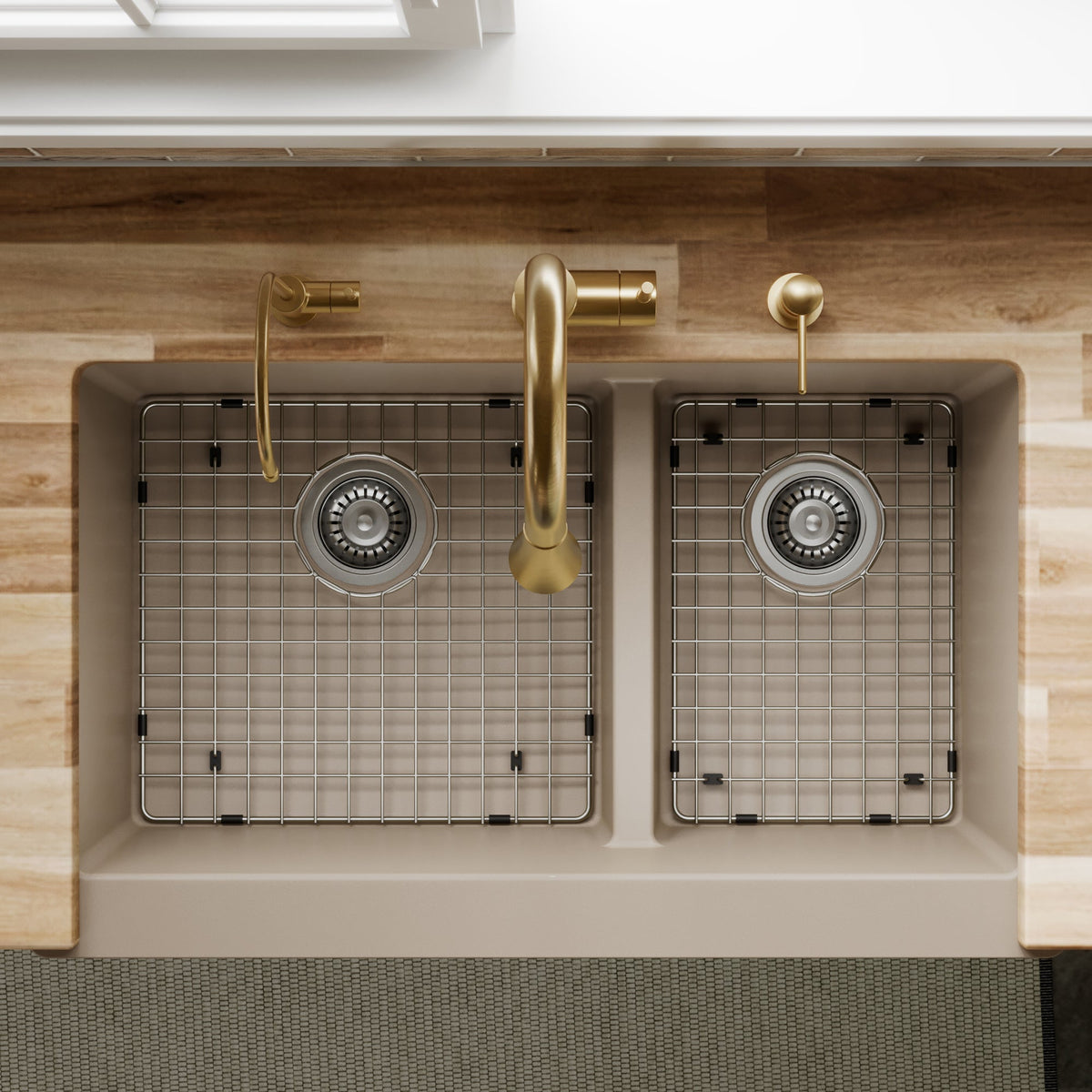 34" Retrofit Farmhouse Double Offset Bowl Quartz Composite Kitchen Sink Kit In Concrete