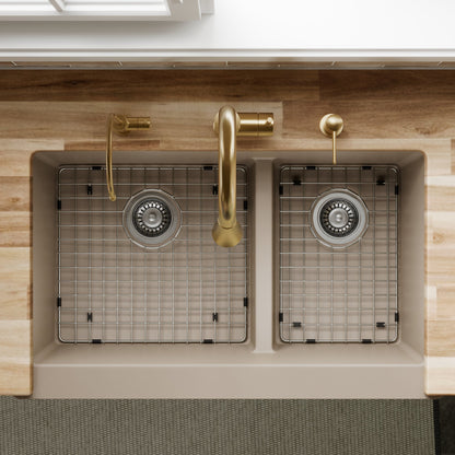 34" Retrofit Farmhouse Double Offset Bowl Quartz Composite Kitchen Sink Kit In Concrete