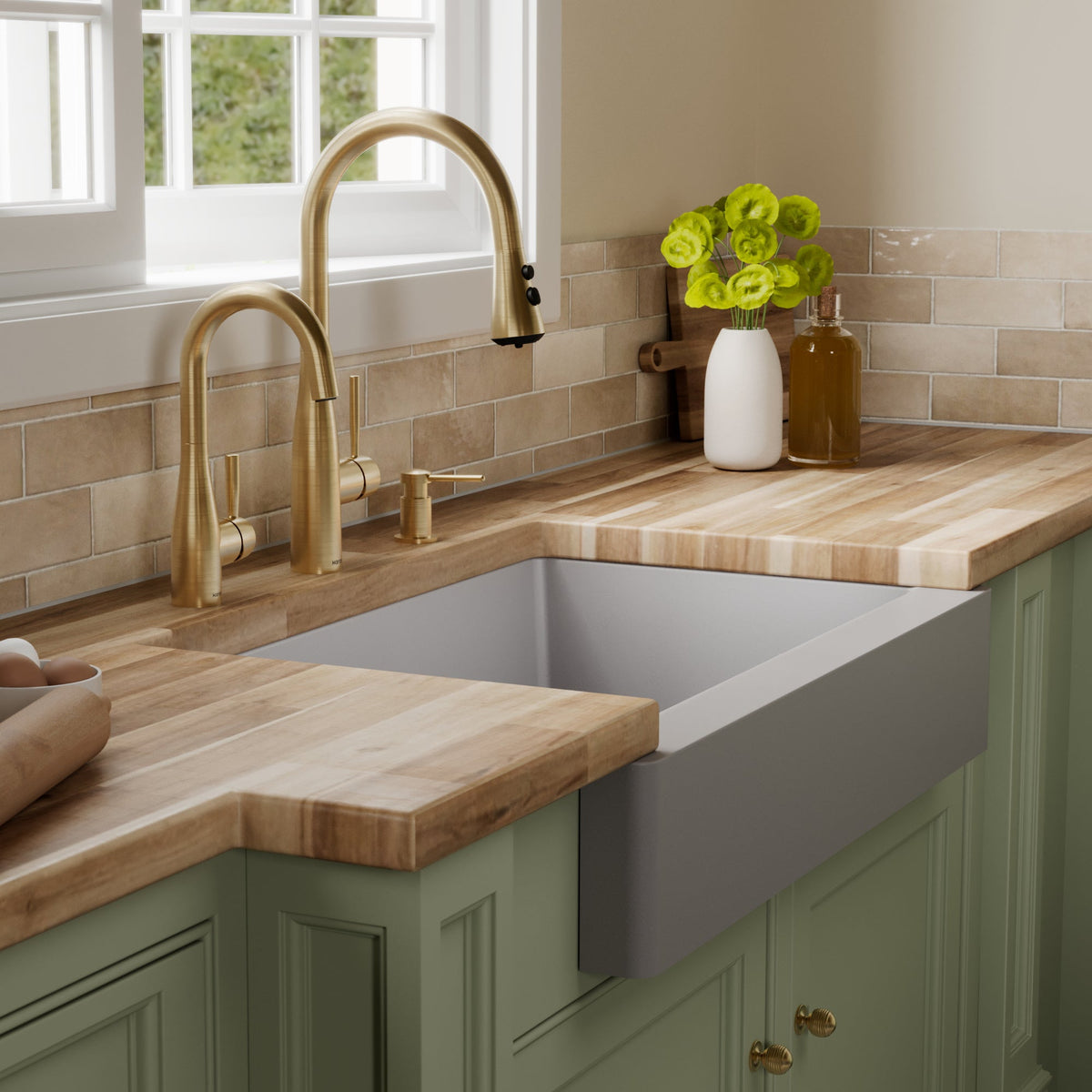 34" Retrofit Farmhouse Double Offset Bowl Quartz Composite Kitchen Sink In Grey