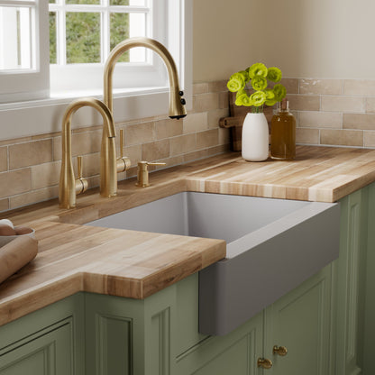 34" Retrofit Farmhouse Double Offset Bowl Quartz Composite Kitchen Sink In Grey