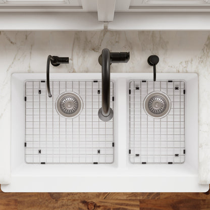 34" Retrofit Farmhouse Double Offset Bowl Quartz Composite Kitchen Sink Kit In White