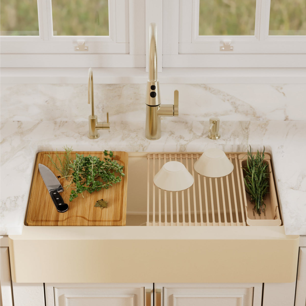 34" Apron Front Single Bowl Quartz Kitchen Sink Kit In Bisque