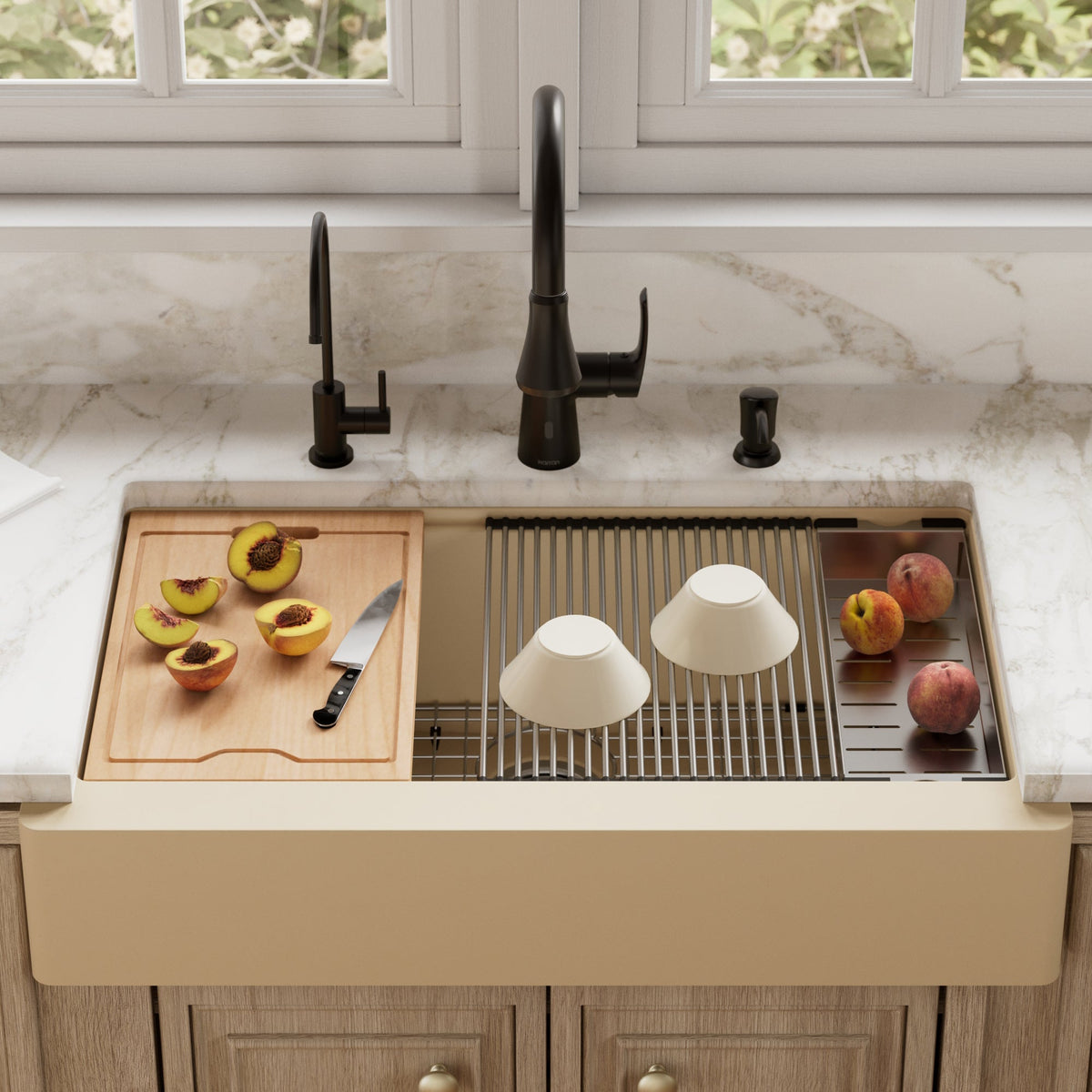 34" Retrofit Farmhouse Large Single Bowl Quartz Composite Workstation Kitchen Sink In Bisque