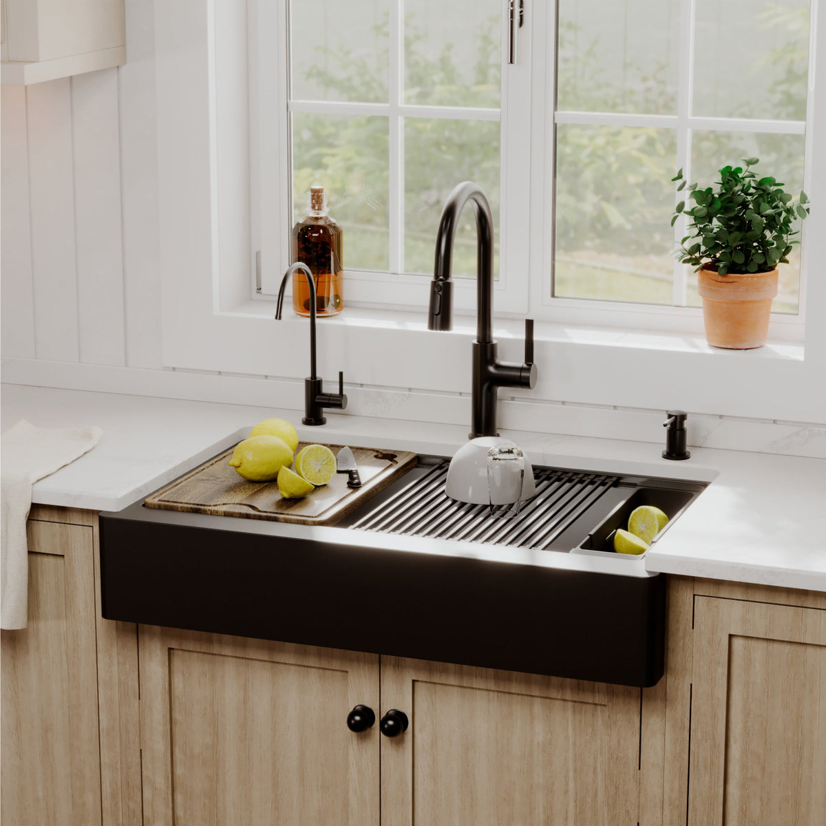 34" Apron Front Single Bowl Quartz Kitchen Sink Kit In Black