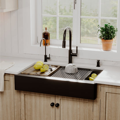 34" Apron Front Single Bowl Quartz Kitchen Sink Kit In Black