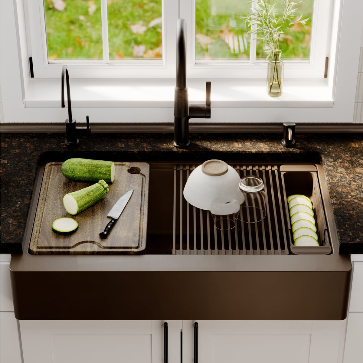 34" Apron Front Single Bowl Quartz Kitchen Sink Kit In Brown
