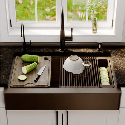 34" Apron Front Single Bowl Quartz Kitchen Sink Kit In Brown