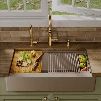 34" Apron Front Single Bowl Quartz Kitchen Sink Kit In Concrete