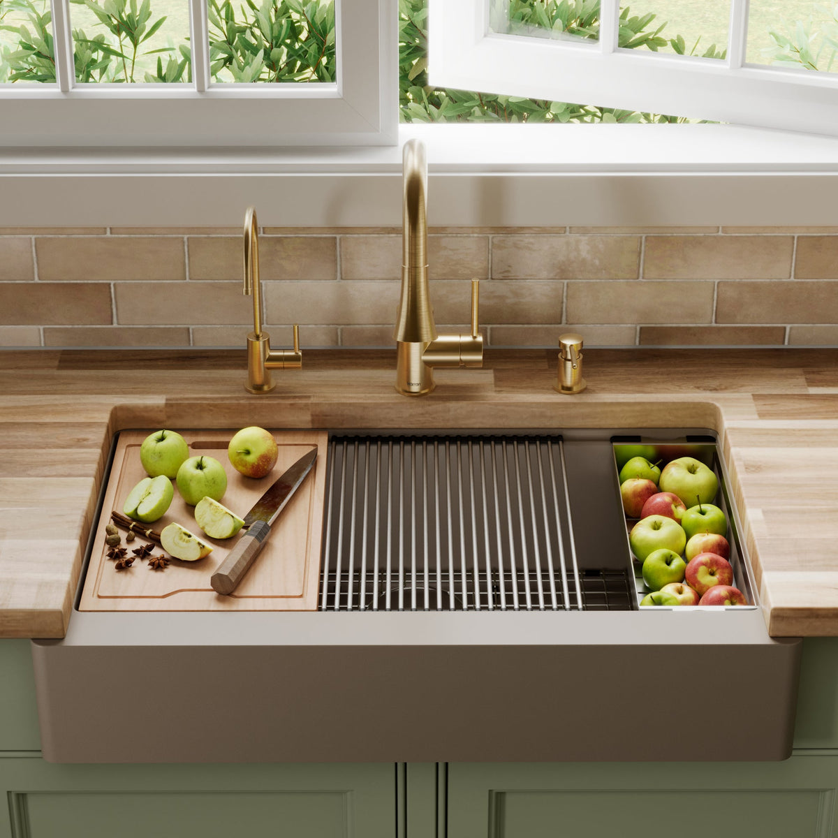 34" Retrofit Farmhouse Large Single Bowl Quartz Composite Workstation Kitchen Sink In Concrete