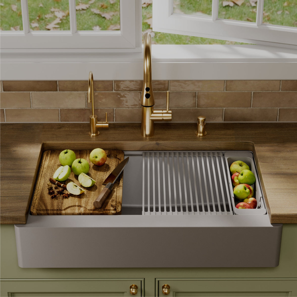 34" Apron Front Single Bowl Quartz Kitchen Sink Kit In Grey