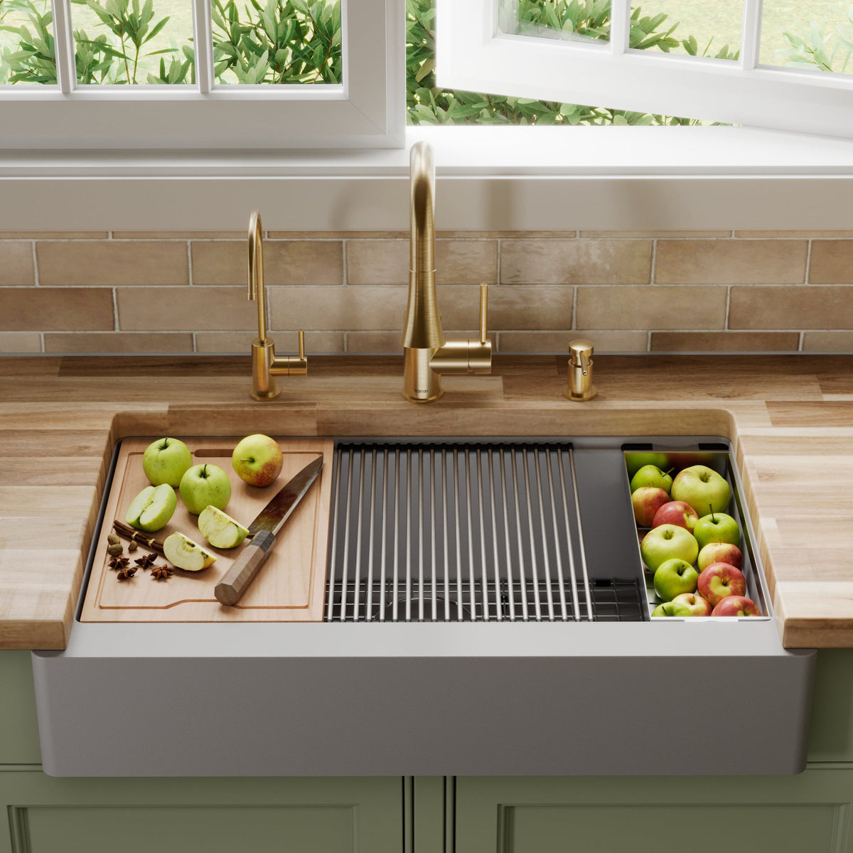 34" Retrofit Farmhouse Large Single Bowl Quartz Composite Workstation Kitchen Sink In Grey