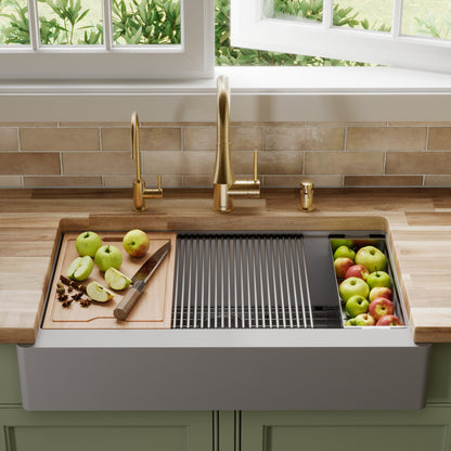 34" Retrofit Farmhouse Large Single Bowl Quartz Composite Workstation Kitchen Sink In Grey