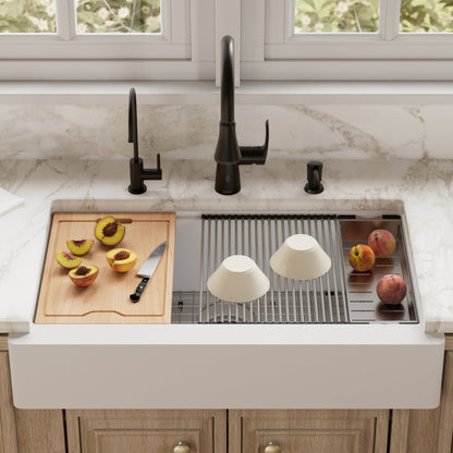 34" Retrofit Farmhouse Large Single Bowl Quartz Composite Workstation Kitchen Sink In White