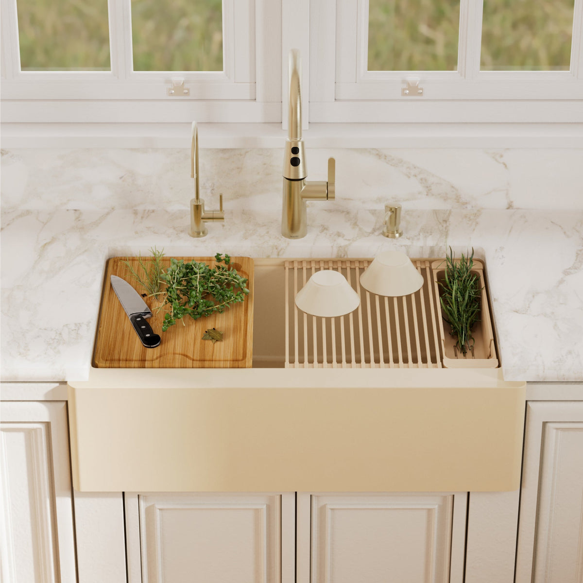 34" Deep Apron Front Single Bowl Quartz Kitchen Sink Kit In Bisque