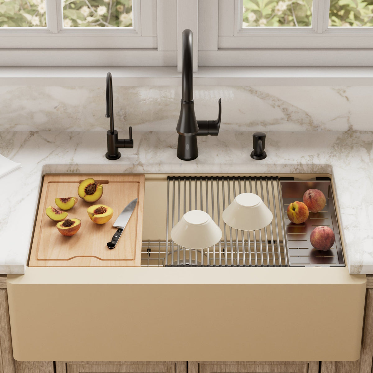 34" Farmhouse Large Single Bowl Quartz Composite Workstation Kitchen Sink In Bisque