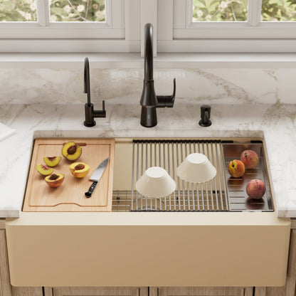 34" Farmhouse Large Single Bowl Quartz Composite Workstation Kitchen Sink In Bisque