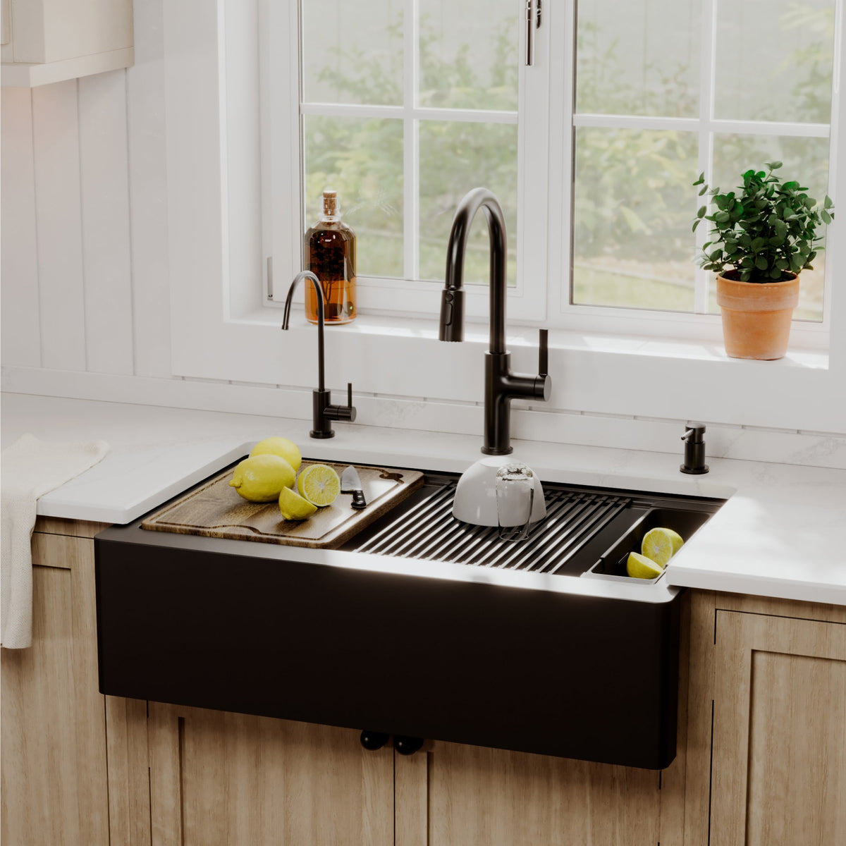 34" Deep Apron Front Single Bowl Quartz Kitchen Sink Kit In Black