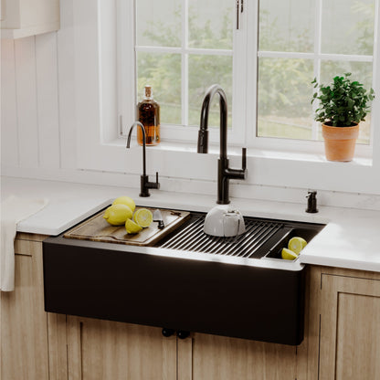 34" Deep Apron Front Single Bowl Quartz Kitchen Sink Kit In Black