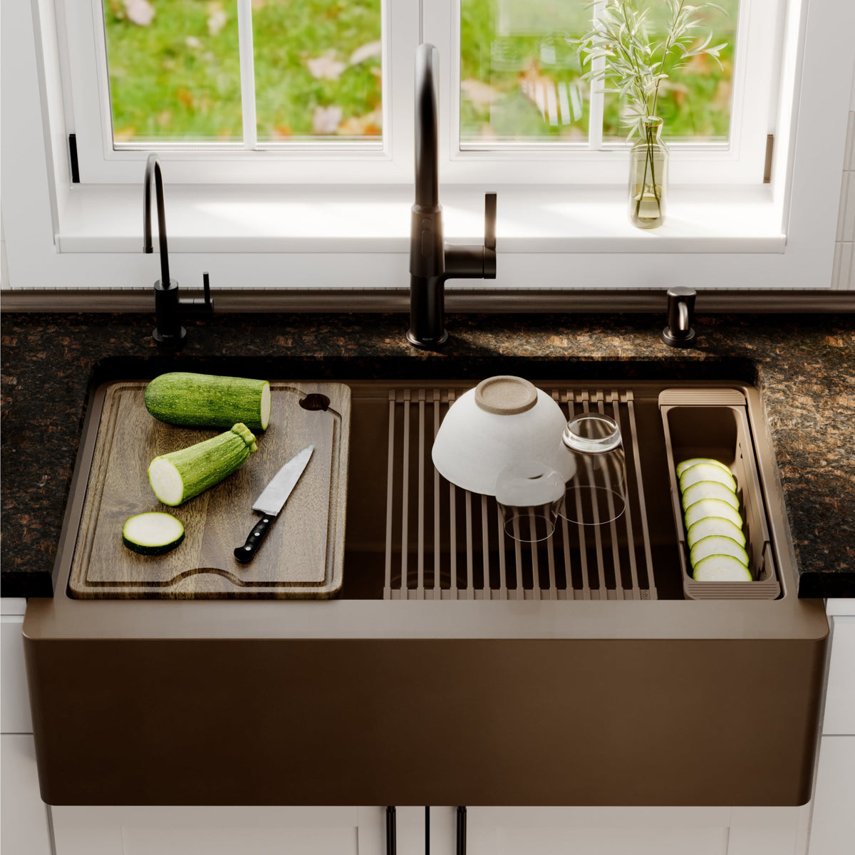 34" Deep Apron Front Single Bowl Quartz Kitchen Sink Kit In Brown