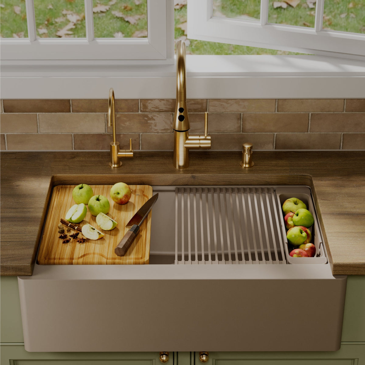 34" Deep Apron Front Single Bowl Quartz Kitchen Sink Kit In Concrete