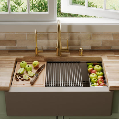 34" Farmhouse Large Single Bowl Quartz Composite Workstation Kitchen Sink In Concrete