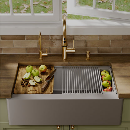34" Deep Apron Front Single Bowl Quartz Kitchen Sink Kit In Grey