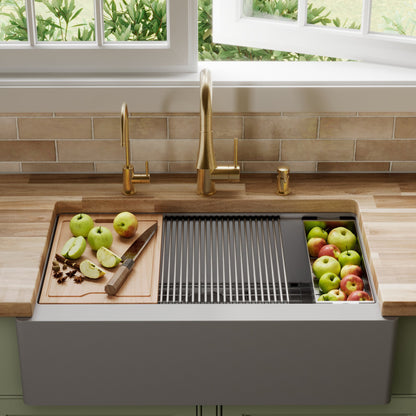 34" Farmhouse Large Single Bowl Quartz Composite Workstation Kitchen Sink In Grey
