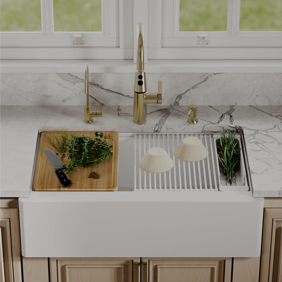34" Deep Apron Front Single Bowl Quartz Kitchen Sink Kit In White