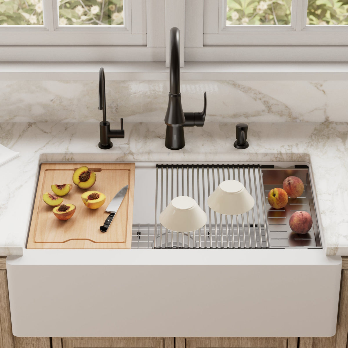 34" Farmhouse Large Single Bowl Quartz Composite Workstation Kitchen Sink In White