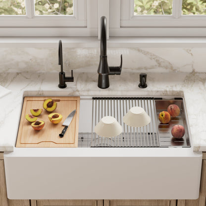 34" Farmhouse Large Single Bowl Quartz Composite Workstation Kitchen Sink In White