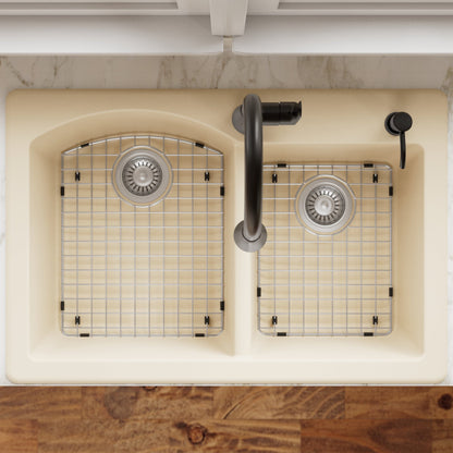 33" Top Mount Double Offset Bowl Quartz Composite Kitchen Sink Kit In Bisque