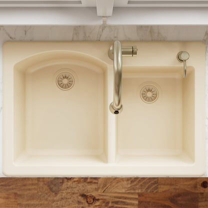 33" Top Mount Double Offset Bowl Quartz Composite Kitchen Sink In Bisque