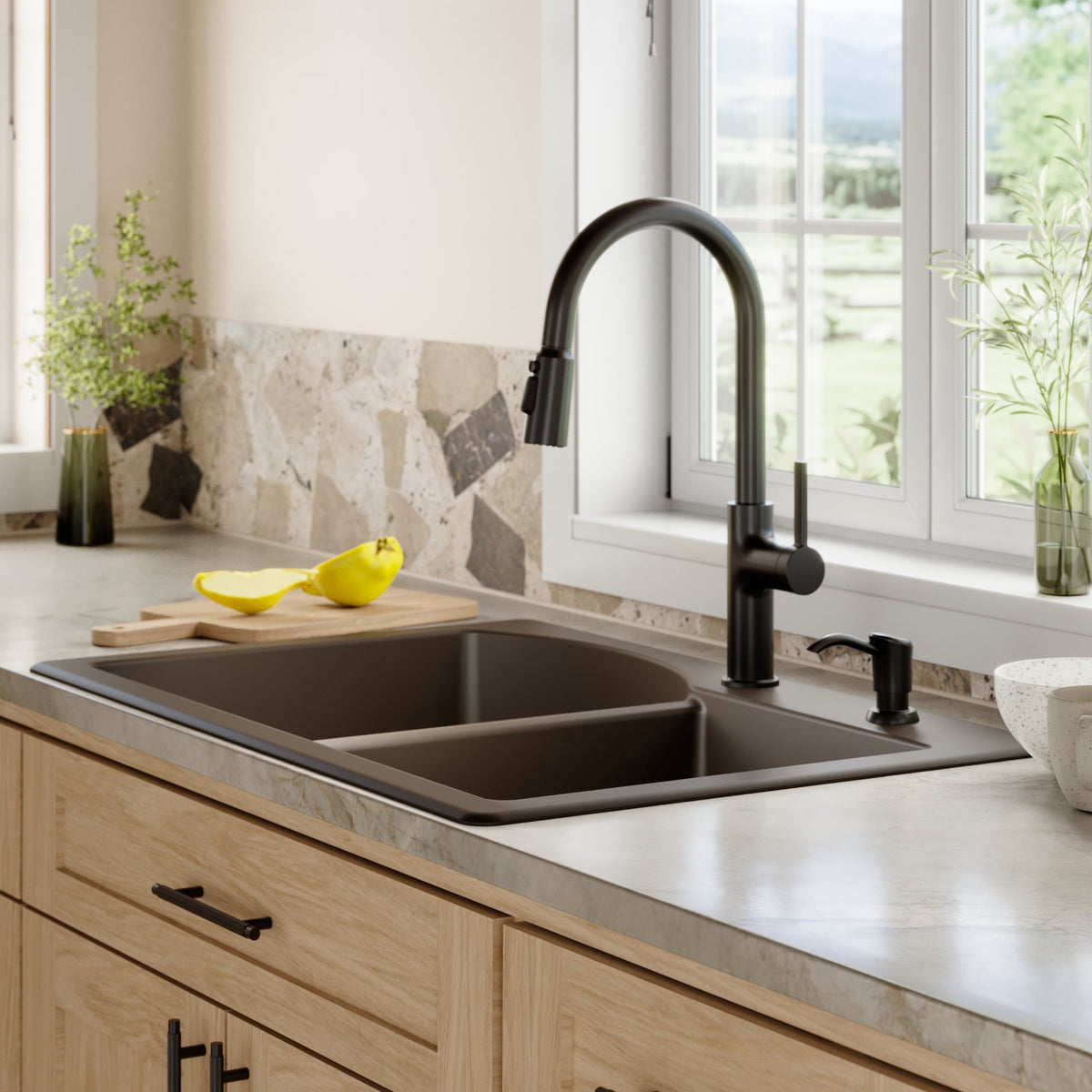33" Top Mount Double Offset Bowl Quartz Composite Kitchen Sink In Brown