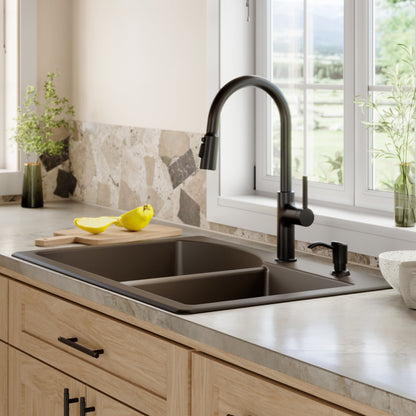 33" Top Mount Double Offset Bowl Quartz Composite Kitchen Sink In Brown