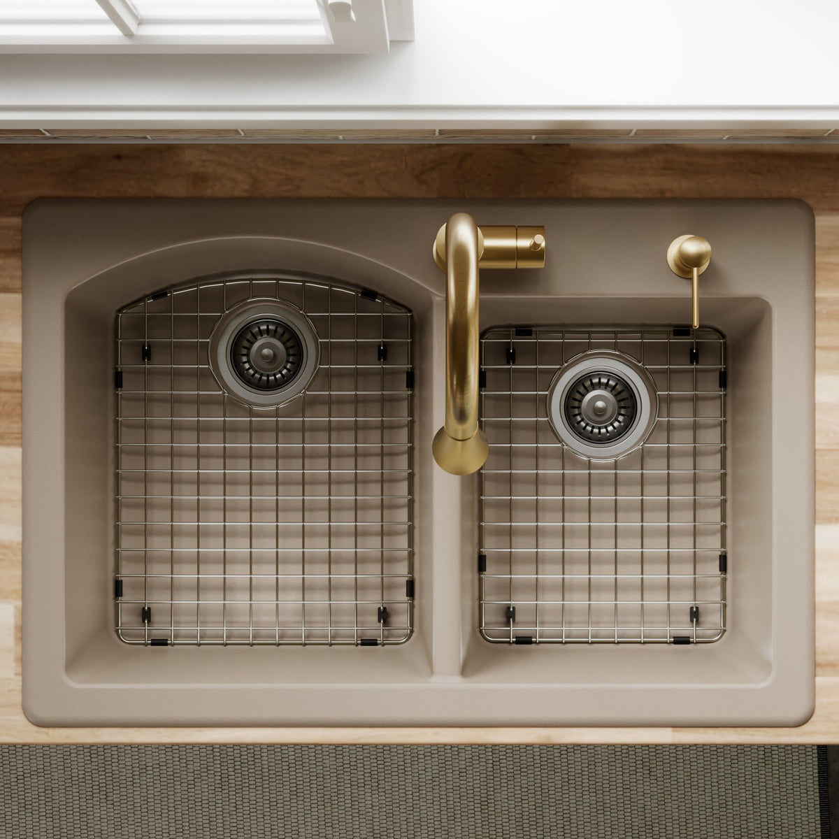 33" Top Mount Double Offset Bowl Quartz Composite Kitchen Sink Kit In Concrete
