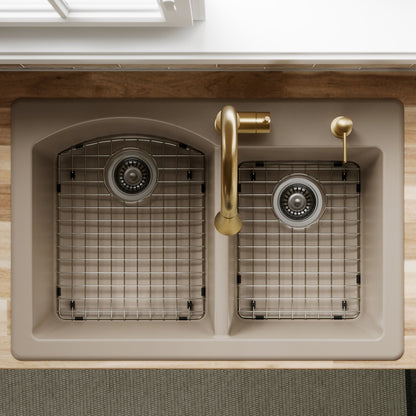 33" Top Mount Double Offset Bowl Quartz Composite Kitchen Sink Kit In Concrete