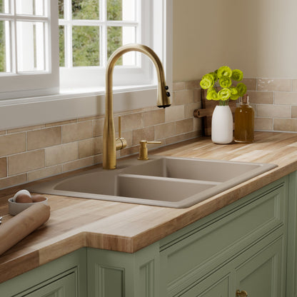 33" Top Mount Double Offset Bowl Quartz Composite Kitchen Sink In Concrete