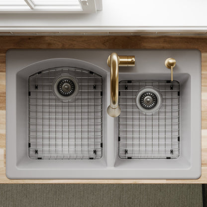 33" Top Mount Double Offset Bowl Quartz Composite Kitchen Sink Kit In Grey