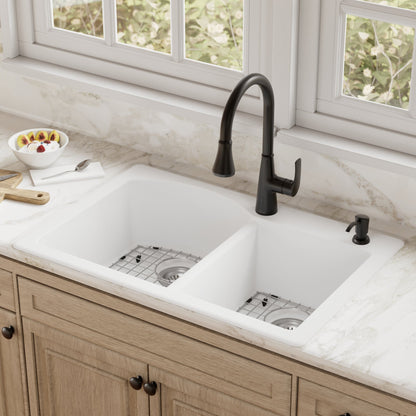 33" Top Mount Double Offset Bowl Quartz Composite Kitchen Sink Kit In White