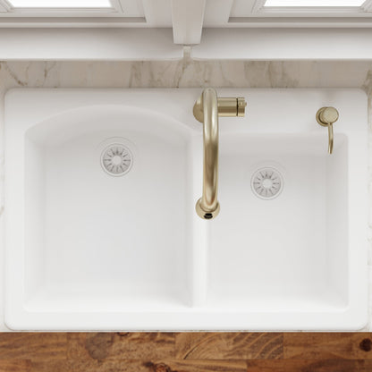 33" Top Mount Double Offset Bowl Quartz Composite Kitchen Sink In White