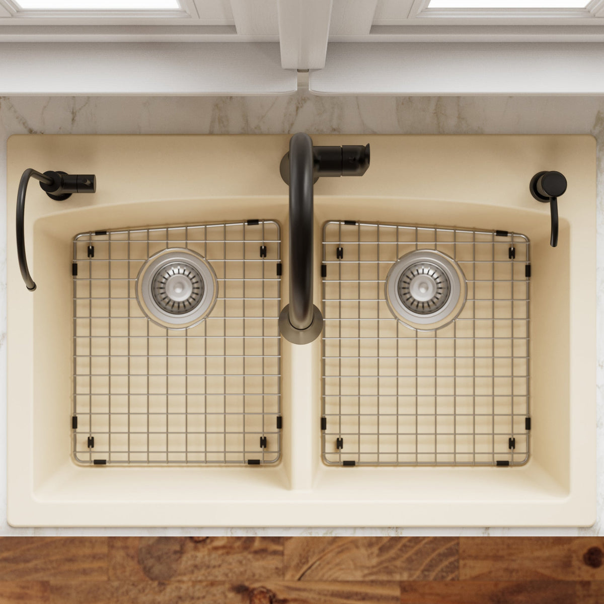 33" Top Mount Double Equal Bowl Quartz Composite Kitchen Sink Kit In Bisque
