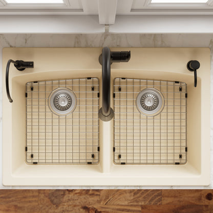 33" Top Mount Double Equal Bowl Quartz Composite Kitchen Sink Kit In Bisque