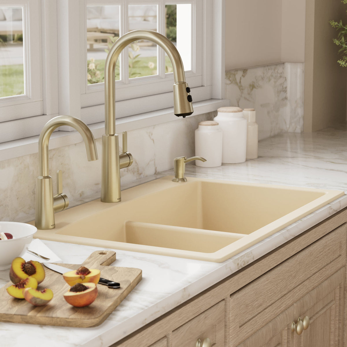 33" Top Mount Double Equal Bowl Quartz Composite Kitchen Sink In Bisque