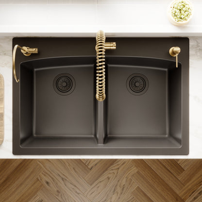 33" Top Mount Double Equal Bowl Quartz Composite Kitchen Sink In Black