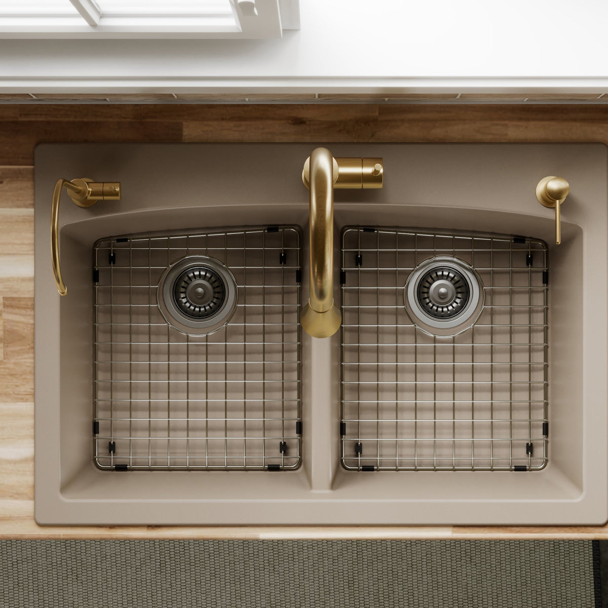 33" Top Mount Double Equal Bowl Quartz Composite Kitchen Sink Kit In Concrete