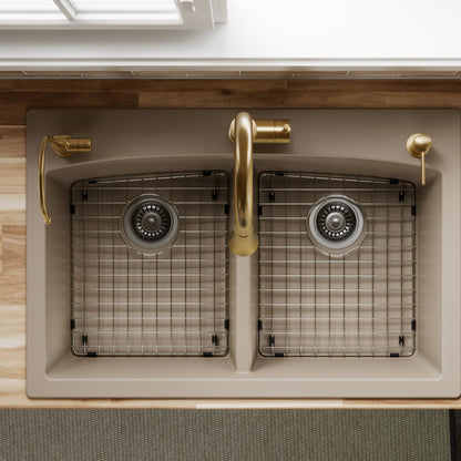 33" Top Mount Double Equal Bowl Quartz Composite Kitchen Sink Kit In Concrete