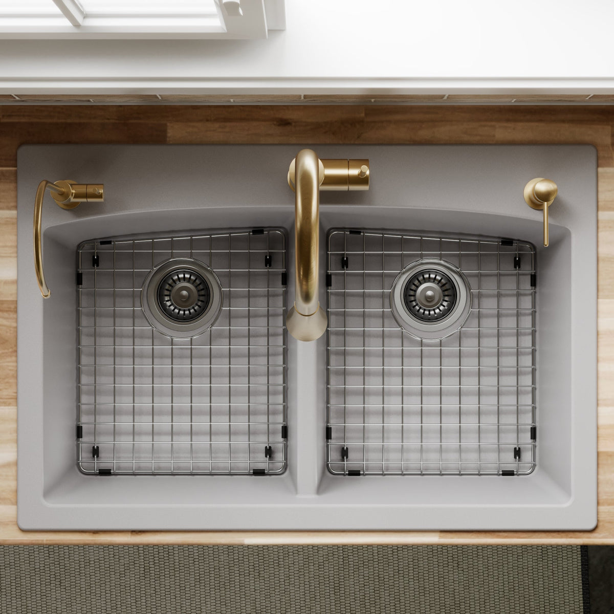 33" Top Mount Double Equal Bowl Quartz Composite Kitchen Sink Kit In Grey