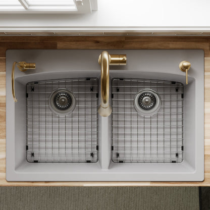 33" Top Mount Double Equal Bowl Quartz Composite Kitchen Sink Kit In Grey