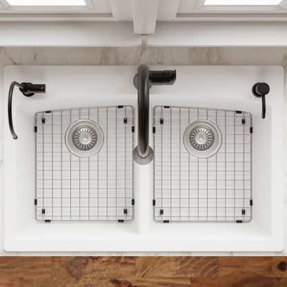 33" Top Mount Double Equal Bowl Quartz Composite Kitchen Sink Kit In White